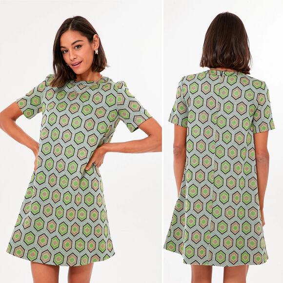 Marella Green Estasi Dress Shift Short Sleeve Metallic Mod Mini Geo Print Sz S - Picture 1 of 15